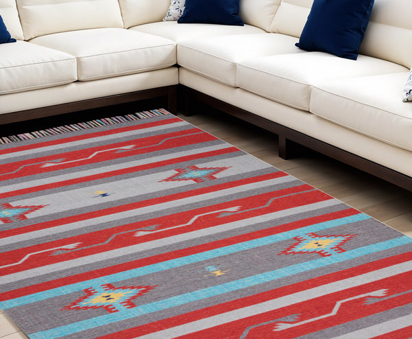 Homeroots 7' X 10' Gray And Red Southwestern Handmade Area Rug With Fringe  Cotton Blend 552837