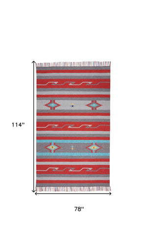Homeroots 7' X 10' Gray And Red Southwestern Handmade Area Rug With Fringe  Cotton Blend 552837