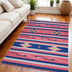 Homeroots 5' X 7' Pink And Blue Southwestern Handmade Area Rug With Fringe  Cotton Blend 552842