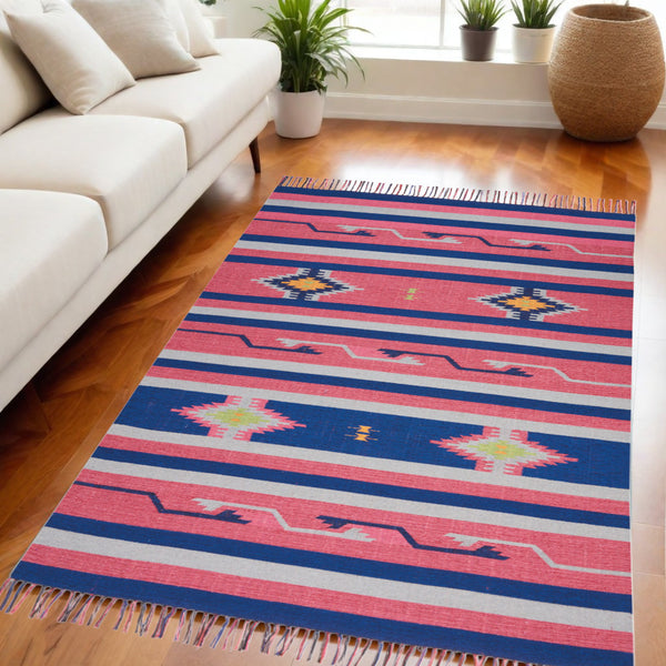 Homeroots 5' X 7' Pink And Blue Southwestern Handmade Area Rug With Fringe  Cotton Blend 552842
