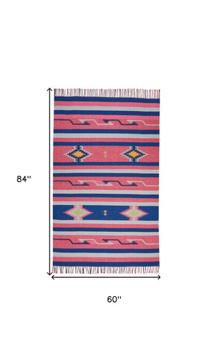 Homeroots 5' X 7' Pink And Blue Southwestern Handmade Area Rug With Fringe  Cotton Blend 552842