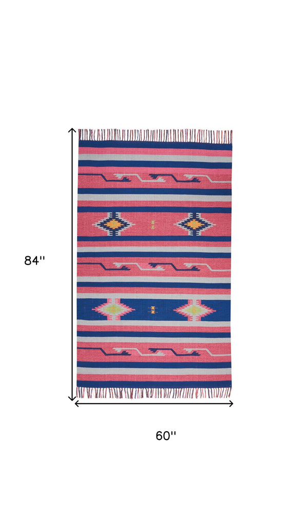 Homeroots 5' X 7' Pink And Blue Southwestern Handmade Area Rug With Fringe  Cotton Blend 552842