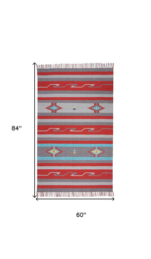 Homeroots 5' X 7' Gray And Red Southwestern Handmade Area Rug With Fringe  Cotton Blend 552843
