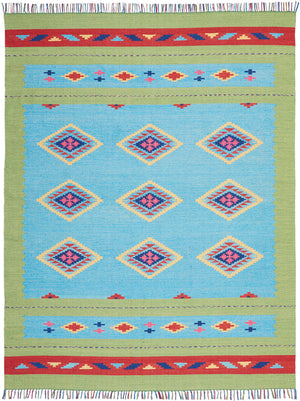Homeroots 8' X 10' Blue And Yellow Southwestern Handmade Area Rug With Fringe  Cotton Blend 552847