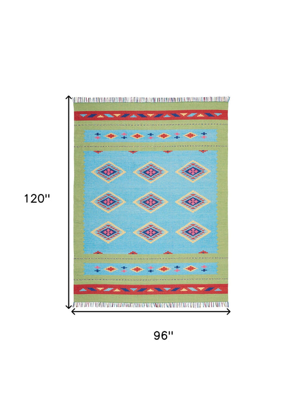 Homeroots 8' X 10' Blue And Yellow Southwestern Handmade Area Rug With Fringe  Cotton Blend 552847