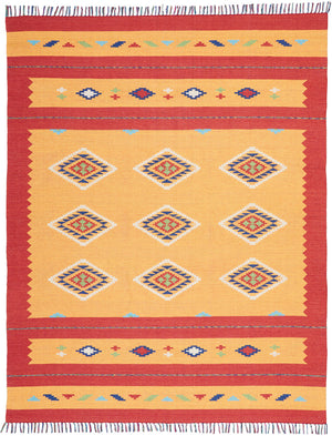 Homeroots 8' X 10' Yellow And Red Southwestern Handmade Area Rug With Fringe  Cotton Blend 552850
