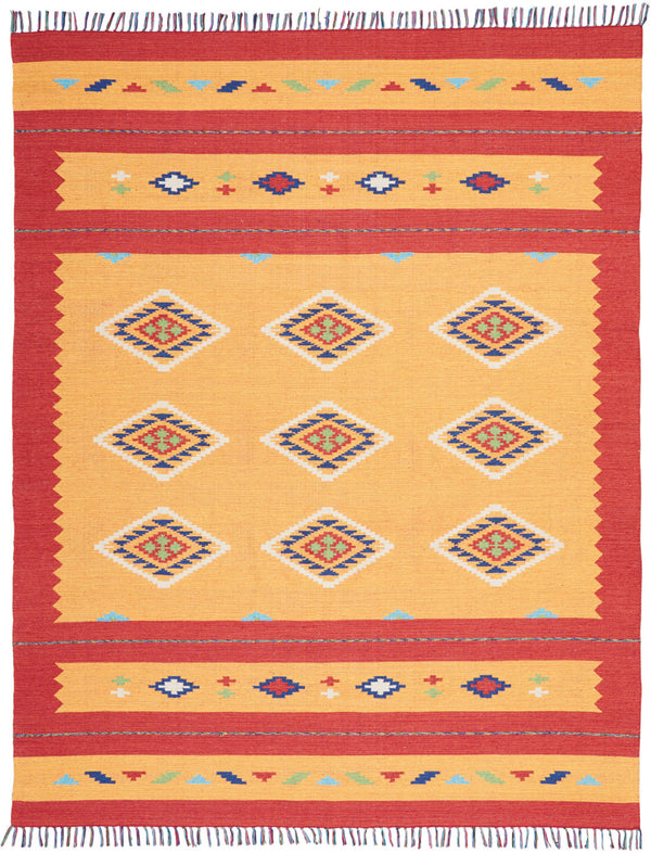 Homeroots 8' X 10' Yellow And Red Southwestern Handmade Area Rug With Fringe  Cotton Blend 552850