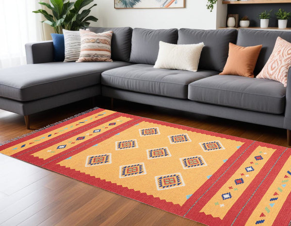 Homeroots 8' X 10' Yellow And Red Southwestern Handmade Area Rug With Fringe  Cotton Blend 552850