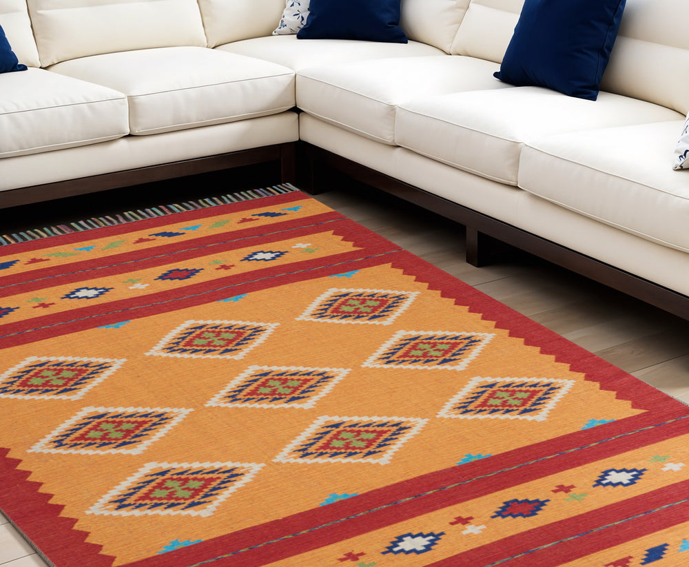 Homeroots 8' X 10' Yellow And Red Southwestern Handmade Area Rug With Fringe  Cotton Blend 552850