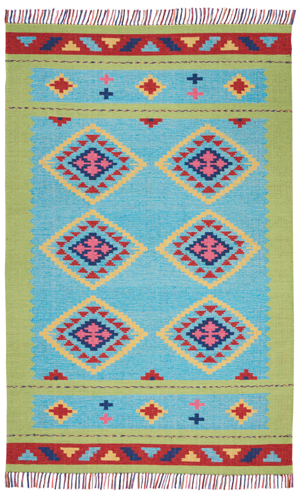 Homeroots 7' X 10' Blue And Green Southwestern Handmade Area Rug With Fringe  Cotton Blend 552851
