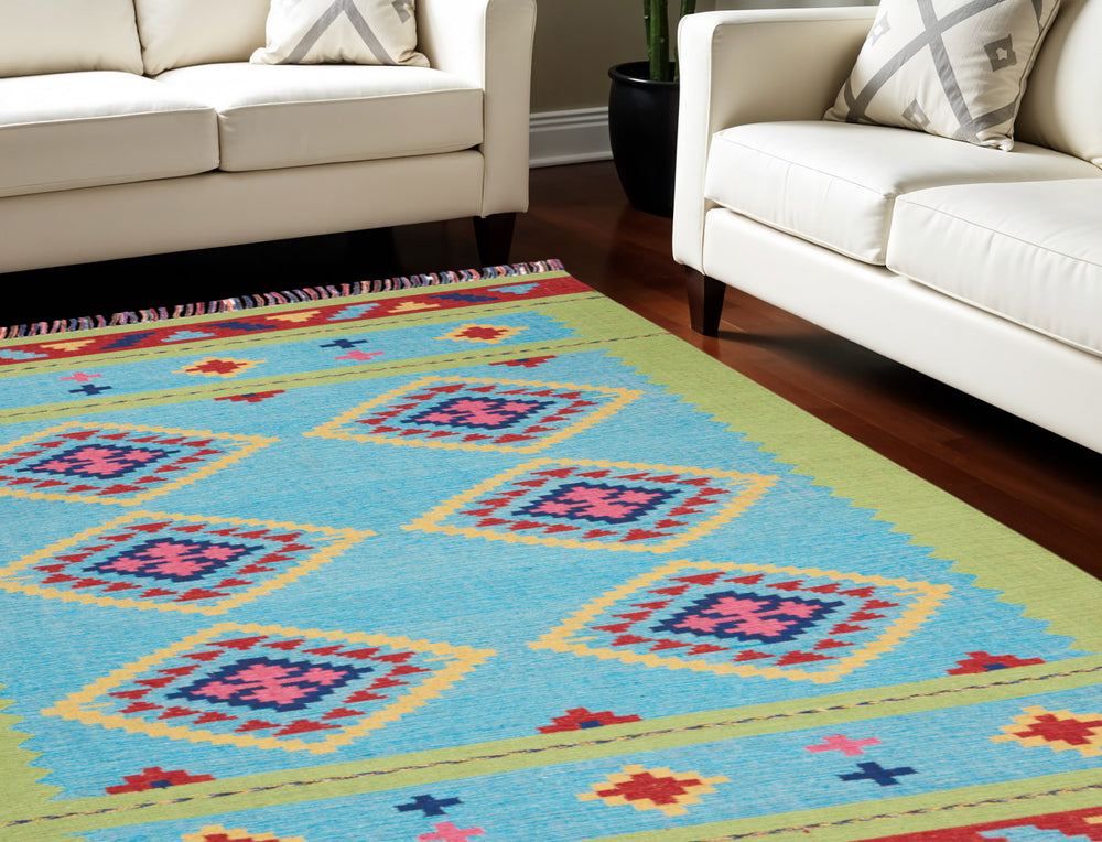 Homeroots 7' X 10' Blue And Green Southwestern Handmade Area Rug With Fringe  Cotton Blend 552851