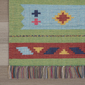 Homeroots 7' X 10' Blue And Green Southwestern Handmade Area Rug With Fringe  Cotton Blend 552851