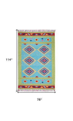 Homeroots 7' X 10' Blue And Green Southwestern Handmade Area Rug With Fringe  Cotton Blend 552851