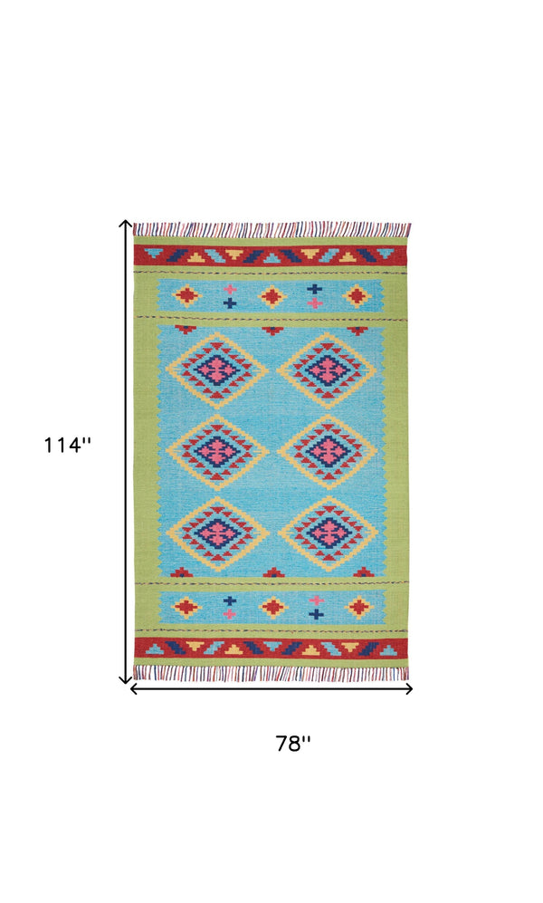 Homeroots 7' X 10' Blue And Green Southwestern Handmade Area Rug With Fringe  Cotton Blend 552851
