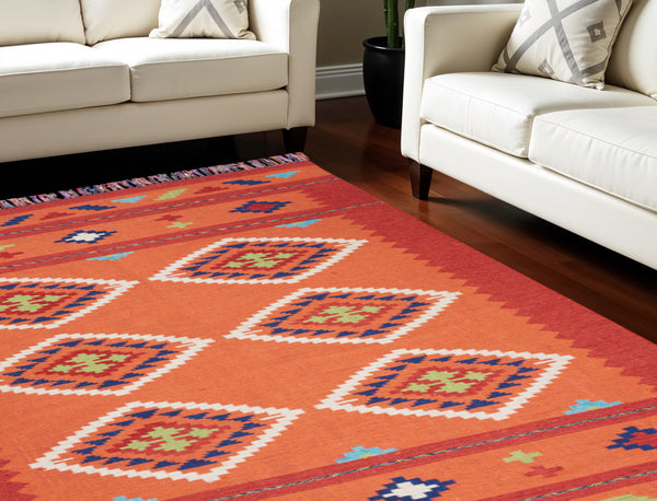 Homeroots 7' X 10' Orange And Red Southwestern Handmade Area Rug With Fringe  Cotton Blend 552852