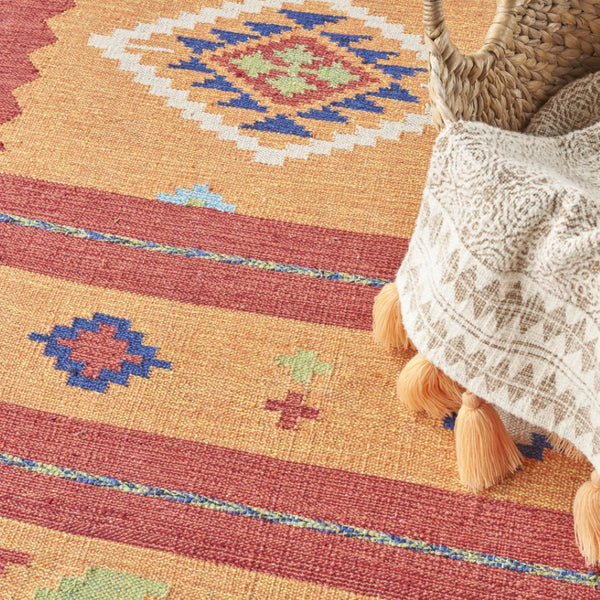 HomeRoots 7' Handmade Southwestern Area Rug in Orange & Red - Elegant Fringe Design for Boho Spaces! 552852