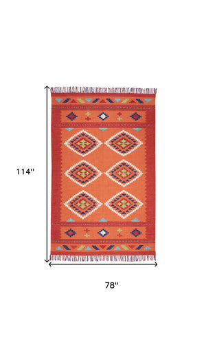 Homeroots 7' X 10' Orange And Red Southwestern Handmade Area Rug With Fringe  Cotton Blend 552852