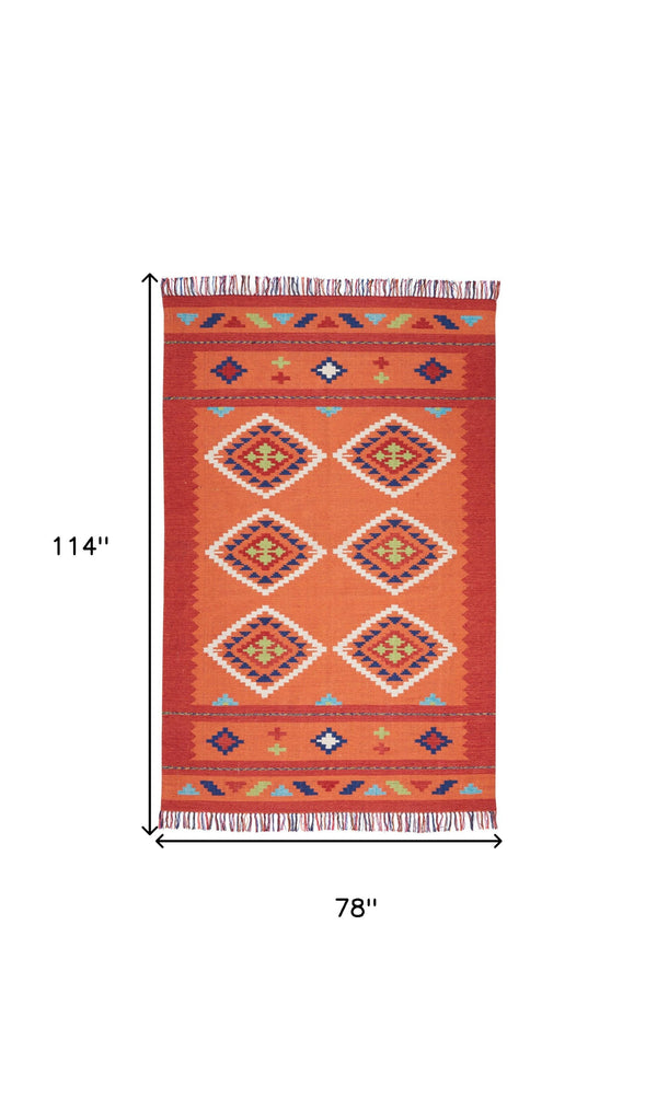 Homeroots 7' X 10' Orange And Red Southwestern Handmade Area Rug With Fringe  Cotton Blend 552852