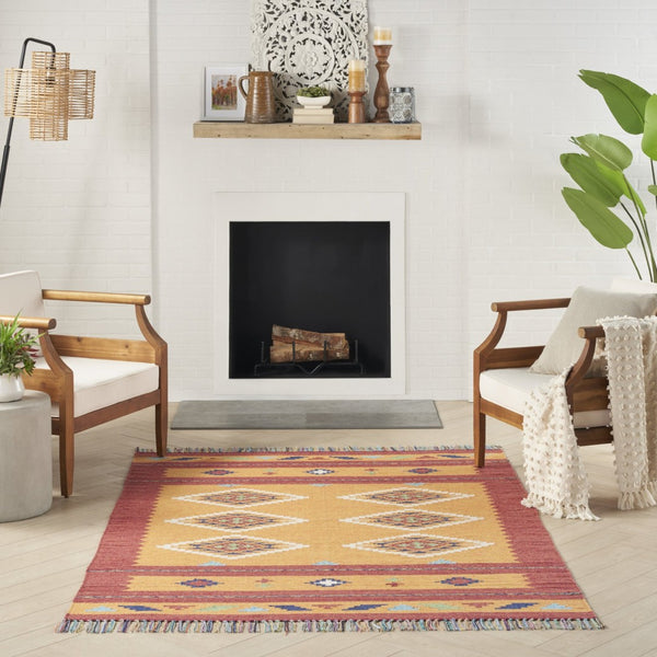 HomeRoots 7' Vibrant Southwestern Handmade Area Rug with Geometric Motifs and Decorative Fringe for Your Home 7' X 10' 552854
