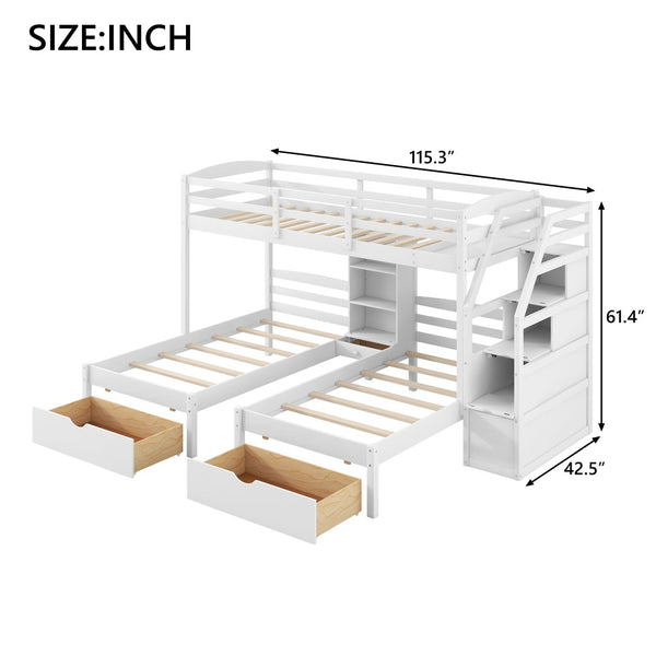 English Elm Twin Triple Bunk Bed White Pine Frame with Staircase Storage Drawers and Built Shelves GX000324AAK-1