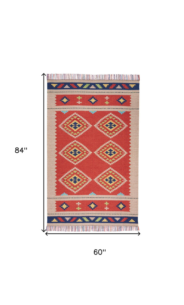 Homeroots 5' X 7' Beige And Red Southwestern Handmade Area Rug With Fringe  Cotton Blend 552860