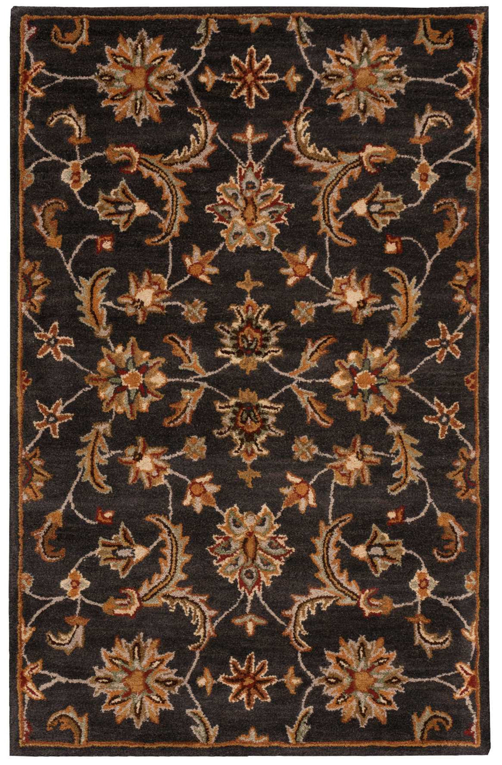 Homeroots 5' X 8' Charcoal And Orange Wool Floral Area Rug  Wool 552869