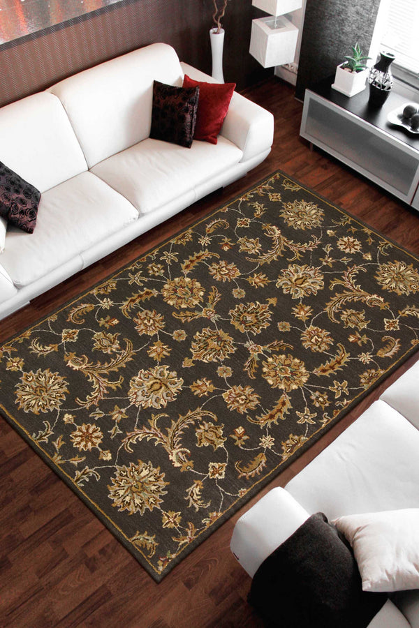 Homeroots 5' X 8' Charcoal And Orange Wool Floral Area Rug  Wool 552869