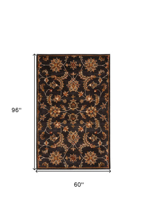 Homeroots 5' X 8' Charcoal And Orange Wool Floral Area Rug  Wool 552869