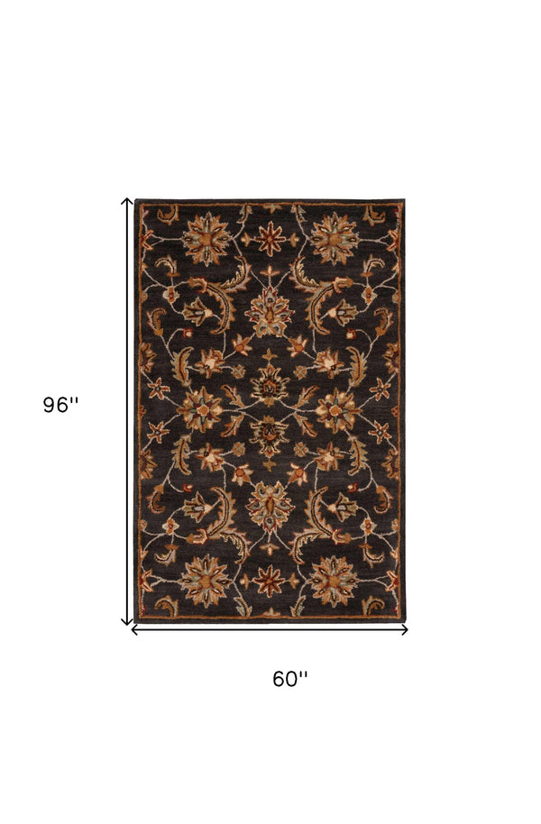 Homeroots 5' X 8' Charcoal And Orange Wool Floral Area Rug  Wool 552869