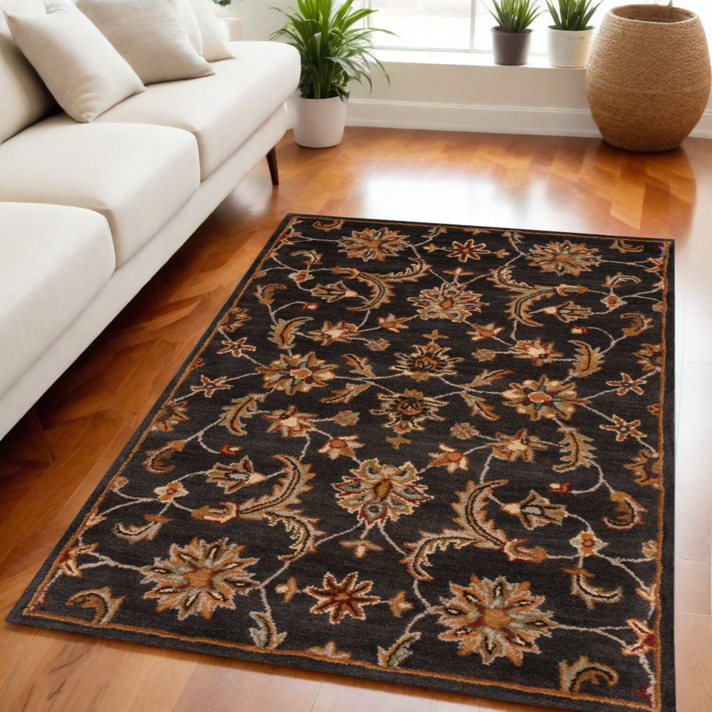 Homeroots 5' X 8' Charcoal And Orange Wool Floral Area Rug  Wool 552869