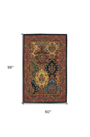 Homeroots 5' X 8' Tan Black And Red Wool Floral Area Rug  Wool 552871