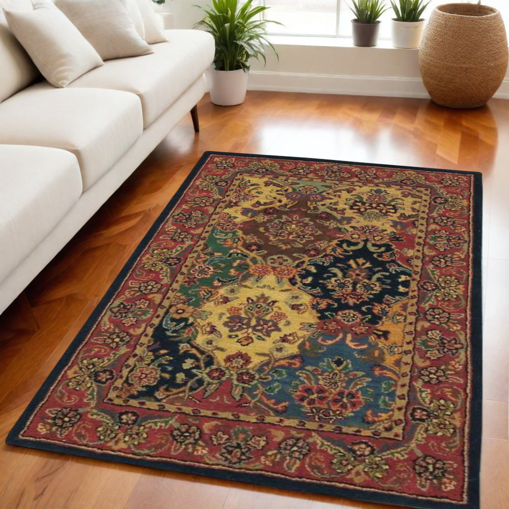 Homeroots 4' X 6' Tan Black And Red Wool Floral Area Rug  Wool 552876