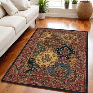 Homeroots 4' X 6' Tan Black And Red Wool Floral Area Rug  Wool 552876