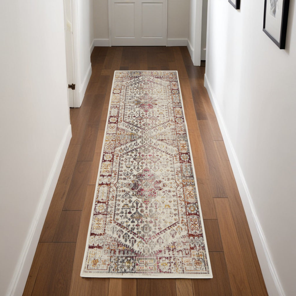 Homeroots 8' Ivory Red And Orange Floral Distressed Runner Rug - Durable, Stain Resistant, Perfect For High Traffic Areas  Polypropylene 552879