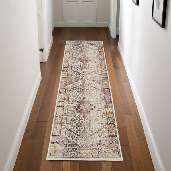 Homeroots 8' Ivory Red And Orange Floral Distressed Runner Rug - Durable, Stain Resistant, Perfect For High Traffic Areas  Polypropylene 552879