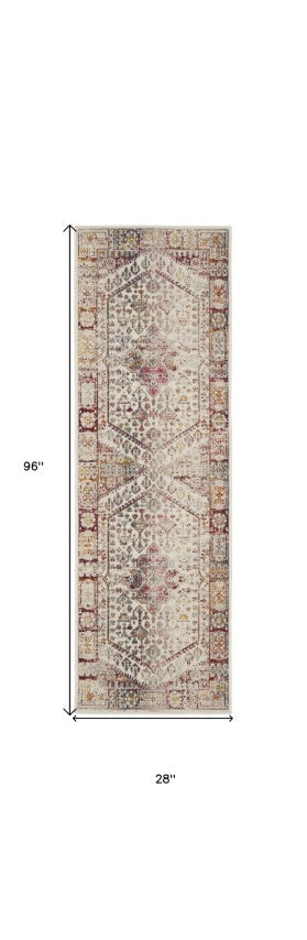 Homeroots 8' Ivory Red And Orange Floral Distressed Runner Rug - Durable, Stain Resistant, Perfect For High Traffic Areas  Polypropylene 552879