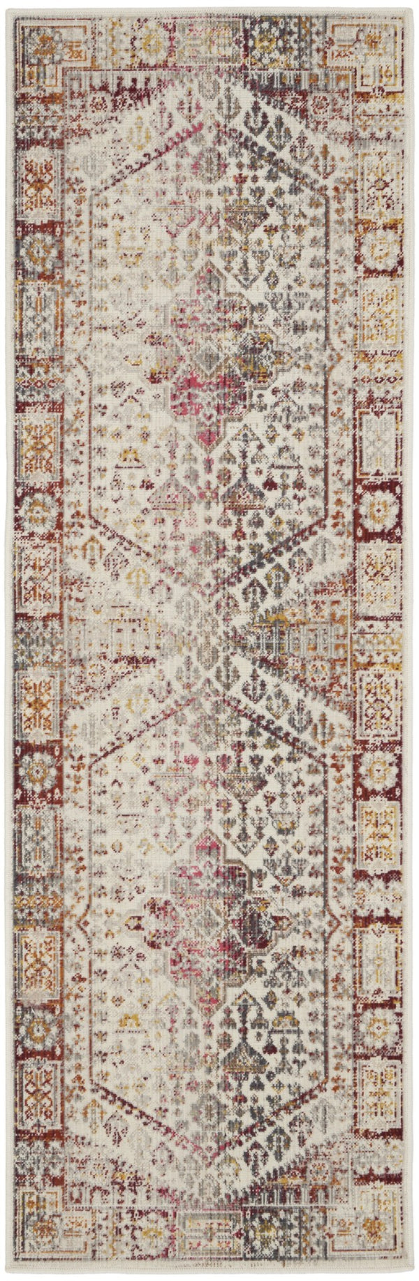 Homeroots 8' Ivory Red And Orange Floral Distressed Runner Rug - Durable, Stain Resistant, Perfect For High Traffic Areas  Polypropylene 552879