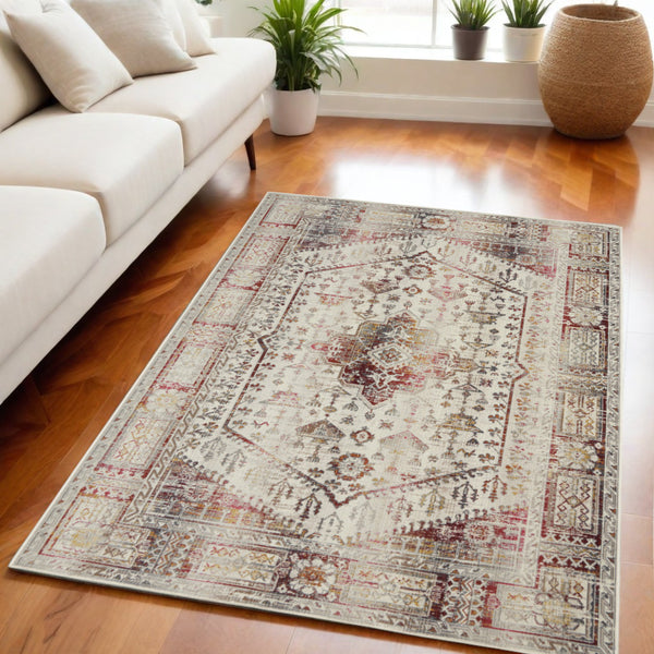 Homeroots 5' X 8' Elegant Ivory Red & Orange Floral Distressed Area Rug - Stain Resistant & Durable Style  Polypropylene 552880