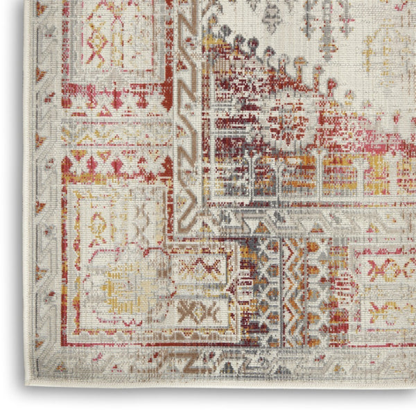 HomeRoots 8' Floral Distressed Area Rug in Ivory, Red & Orange - Durable, Stain-Resistant, Non-Skid Design 5' X 8' 552880
