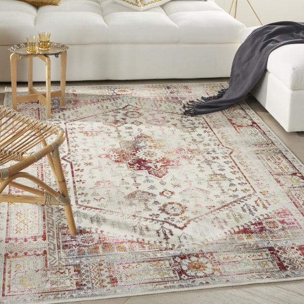 HomeRoots 8' Floral Distressed Area Rug in Ivory, Red & Orange - Durable, Stain-Resistant, Non-Skid Design 5' X 8' 552880