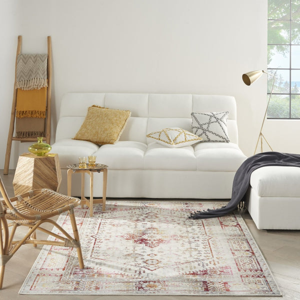 HomeRoots 8' Floral Distressed Area Rug in Ivory, Red & Orange - Durable, Stain-Resistant, Non-Skid Design 5' X 8' 552880