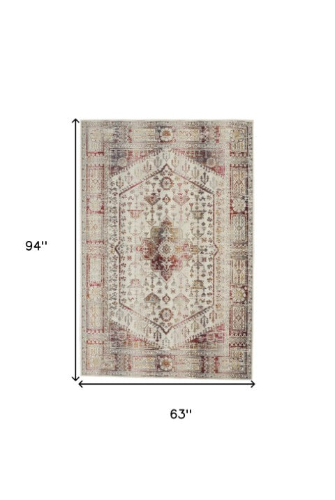 Homeroots 5' X 8' Elegant Ivory Red & Orange Floral Distressed Area Rug - Stain Resistant & Durable Style  Polypropylene 552880