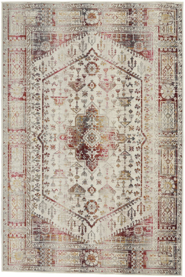 HomeRoots 8' Floral Distressed Area Rug in Ivory, Red & Orange - Durable, Stain-Resistant, Non-Skid Design 5' X 8' 552880