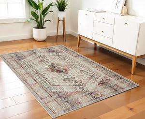 Homeroots 4' X 6' Ivory Red And Orange Floral Distressed Area Rug – Durable, Stain-resistant, Versatile Decor Solution  Polypropylene 552882