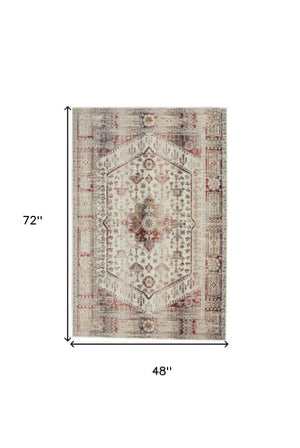 Homeroots 4' X 6' Ivory Red And Orange Floral Distressed Area Rug – Durable, Stain-resistant, Versatile Decor Solution  Polypropylene 552882