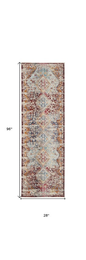 Homeroots 8' Elegant Ivory, Red & Orange Geometric Distressed Runner Rug – Durable, Stain Resistant & Stylish Accent  Polypropylene 552884