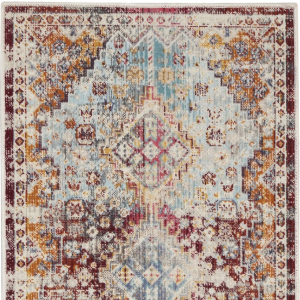 Homeroots 8' Elegant Ivory, Red & Orange Geometric Distressed Runner Rug – Durable, Stain Resistant & Stylish Accent  Polypropylene 552884