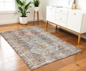 Homeroots 4' X 6' Ivory Red And Orange Geometric Distressed Area Rug - Durable, Stain Resistant, Stylish Accent  Polypropylene 552887