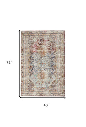 Homeroots 4' X 6' Ivory Red And Orange Geometric Distressed Area Rug - Durable, Stain Resistant, Stylish Accent  Polypropylene 552887