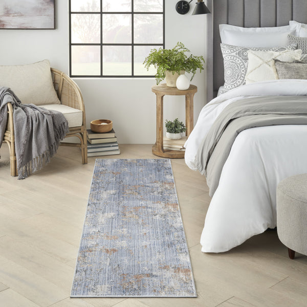 Homeroots 8' Beige Blue And Gray Abstract Runner Rug With Fringe  Polyester 552909